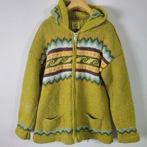 Imbabura Hand Knit Wool Blend Full Zip Hoodie Sweater Green Ethnic Fair Size M/L